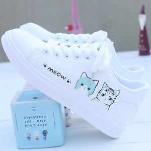 Printed Pu Shoes Cute Cat Lace up Sneakers - Easy Pickins Store