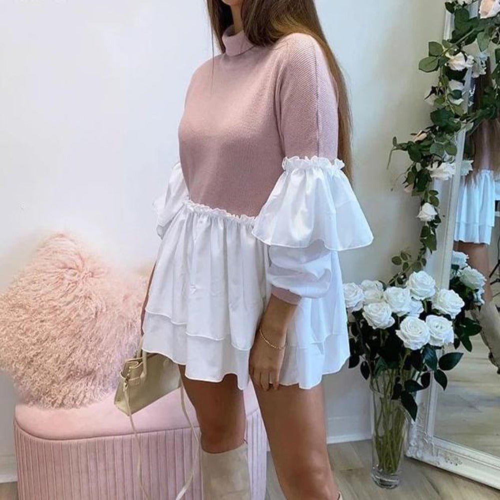 Puff Sleeve Rib Shirt Patchwork Long Sleeve Wrap A Line Mini Dress - Easy Pickins Store