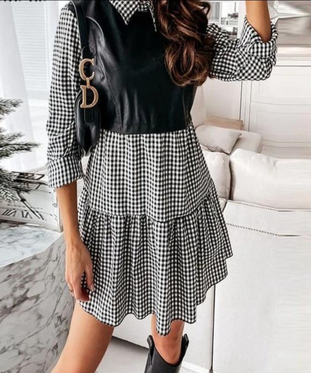 Puff Sleeve Rib Shirt Patchwork Long Sleeve Wrap A Line Mini Dress - Easy Pickins Store