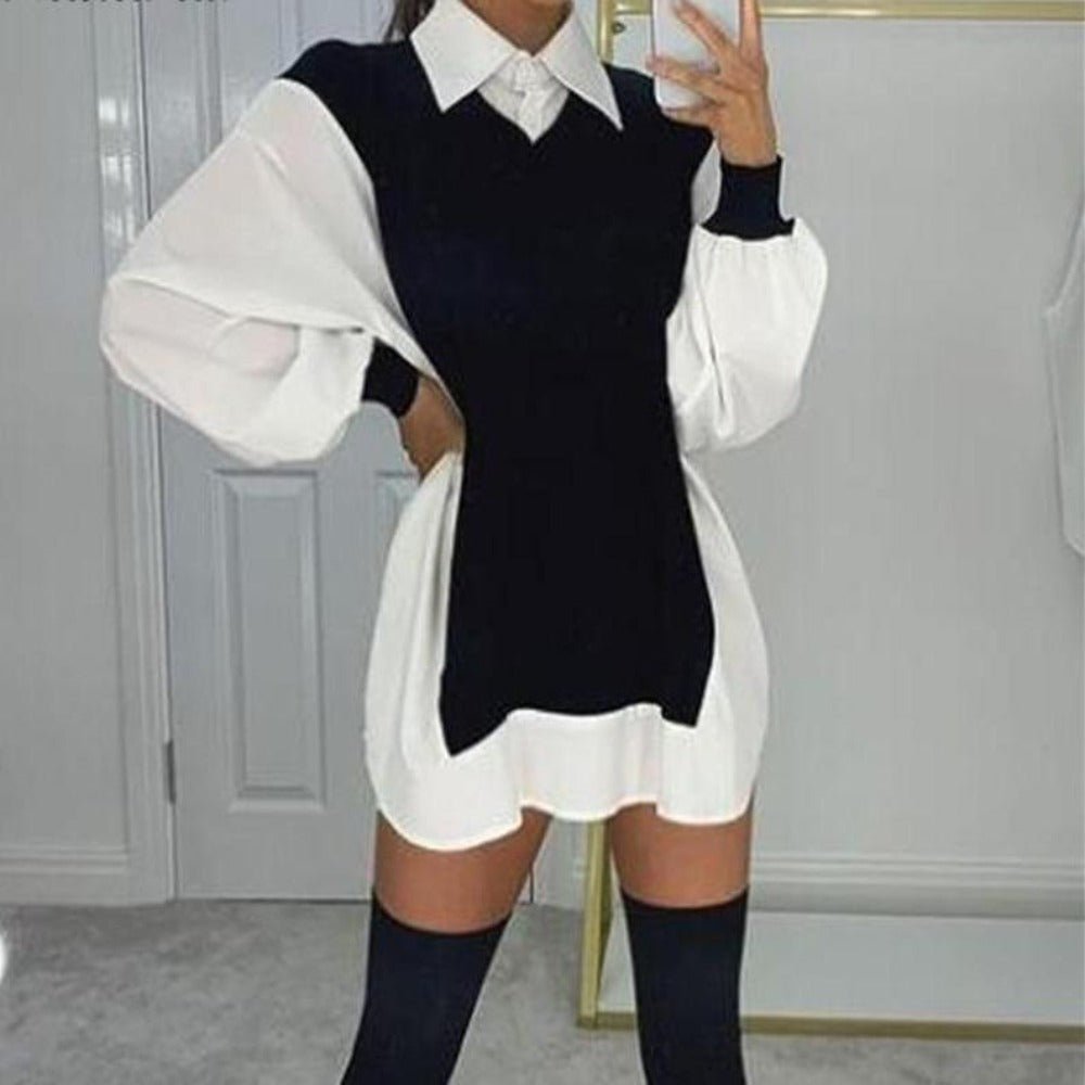 Puff Sleeve Rib Shirt Patchwork Long Sleeve Wrap A Line Mini Dress - Easy Pickins Store