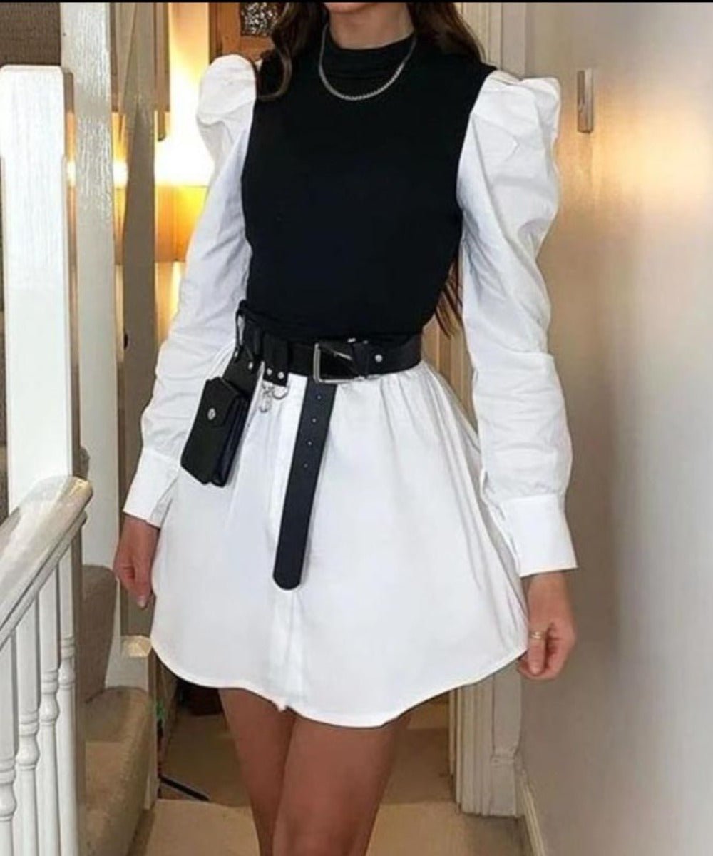 Puff Sleeve Rib Shirt Patchwork Long Sleeve Wrap A Line Mini Dress - Easy Pickins Store