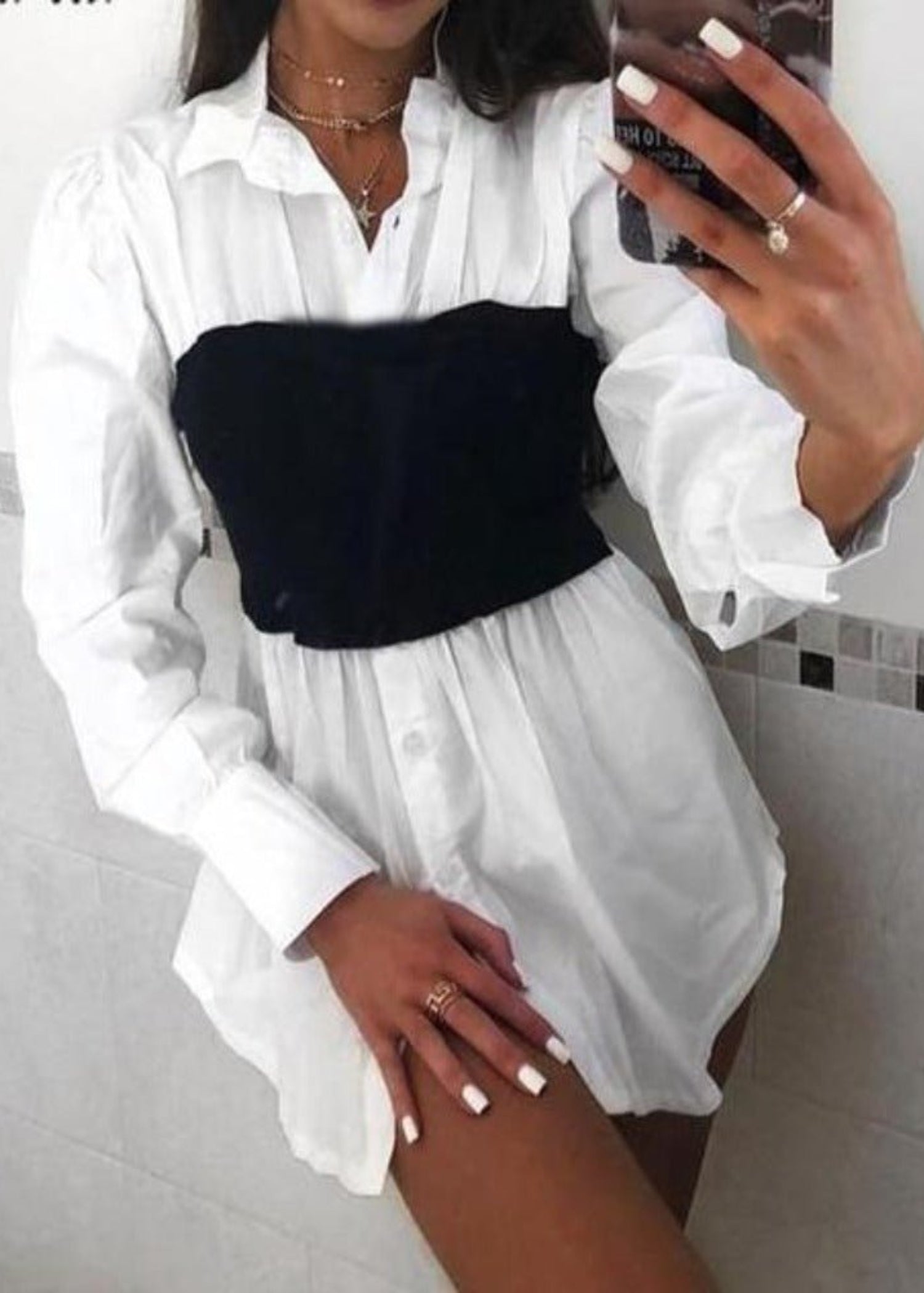 Puff Sleeve Rib Shirt Patchwork Long Sleeve Wrap A Line Mini Dress - Easy Pickins Store