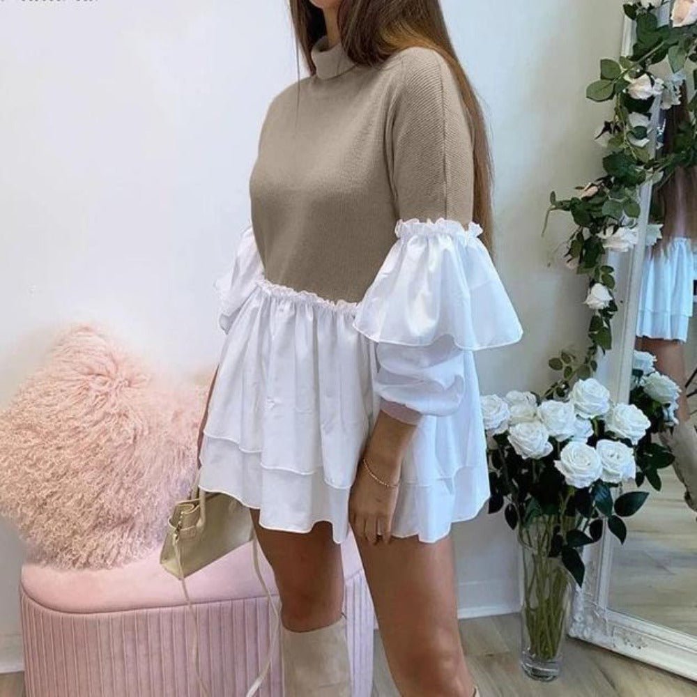 Puff Sleeve Rib Shirt Patchwork Long Sleeve Wrap A Line Mini Dress - Easy Pickins Store