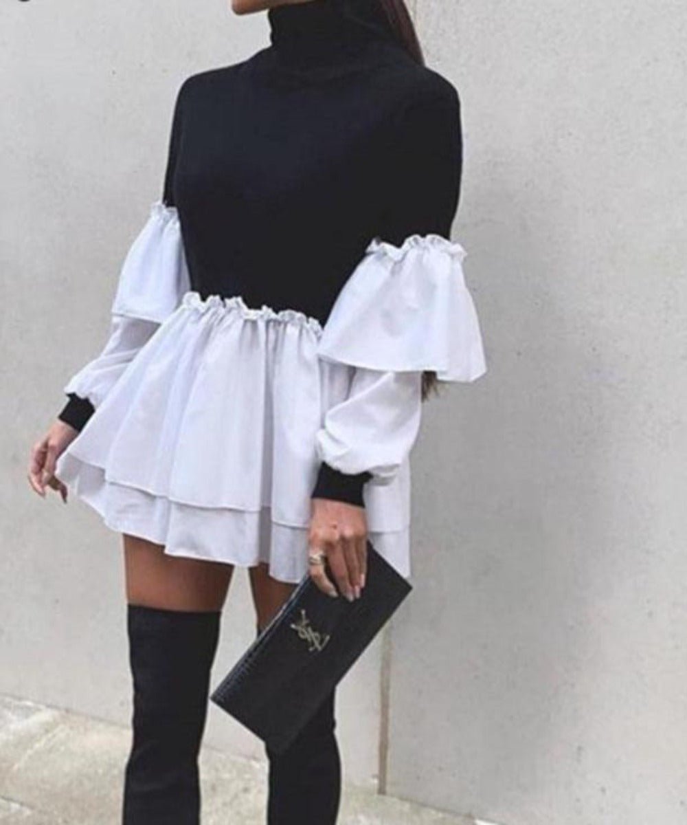 Puff Sleeve Rib Shirt Patchwork Long Sleeve Wrap A Line Mini Dress - Easy Pickins Store