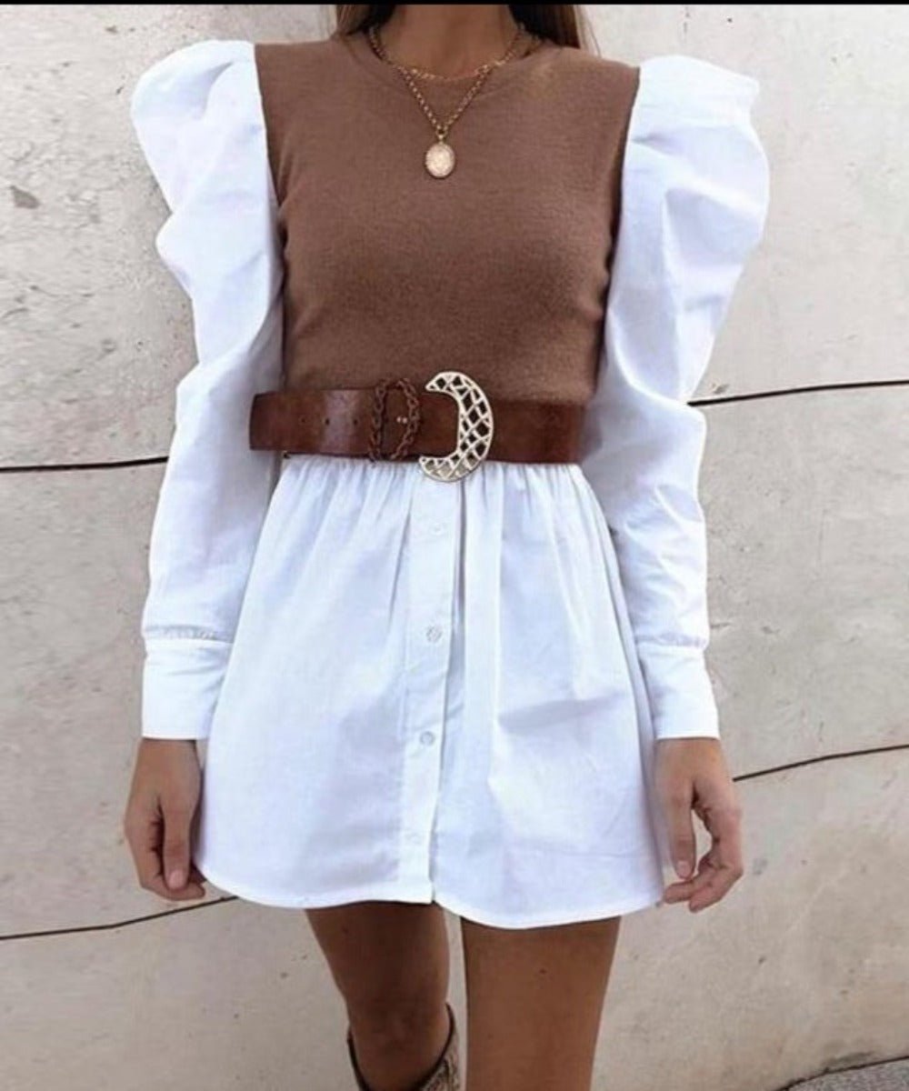 Puff Sleeve Rib Shirt Patchwork Long Sleeve Wrap A Line Mini Dress - Easy Pickins Store