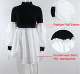 Puff Sleeve Sexy Mini Dress Women Rib Shirt Patchwork Long Sleeve Wrap A Line - Easy Pickins Store