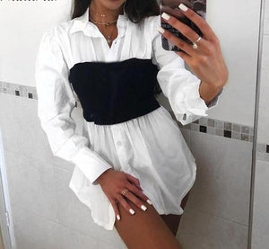 Puff Sleeve Sexy Mini Dress Women Rib Shirt Patchwork Long Sleeve Wrap A Line - Easy Pickins Store