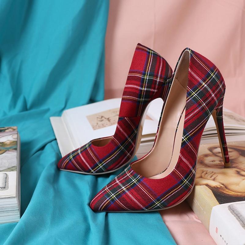 Pumps Red Pointed Plaid Shallow High Thin Heels - Easy Pickins Store