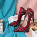 Pumps Red Pointed Plaid Shallow High Thin Heels - Easy Pickins Store