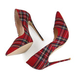 Pumps Red Pointed Plaid Shallow High Thin Heels - Easy Pickins Store