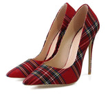 Pumps Red Pointed Plaid Shallow High Thin Heels - Easy Pickins Store