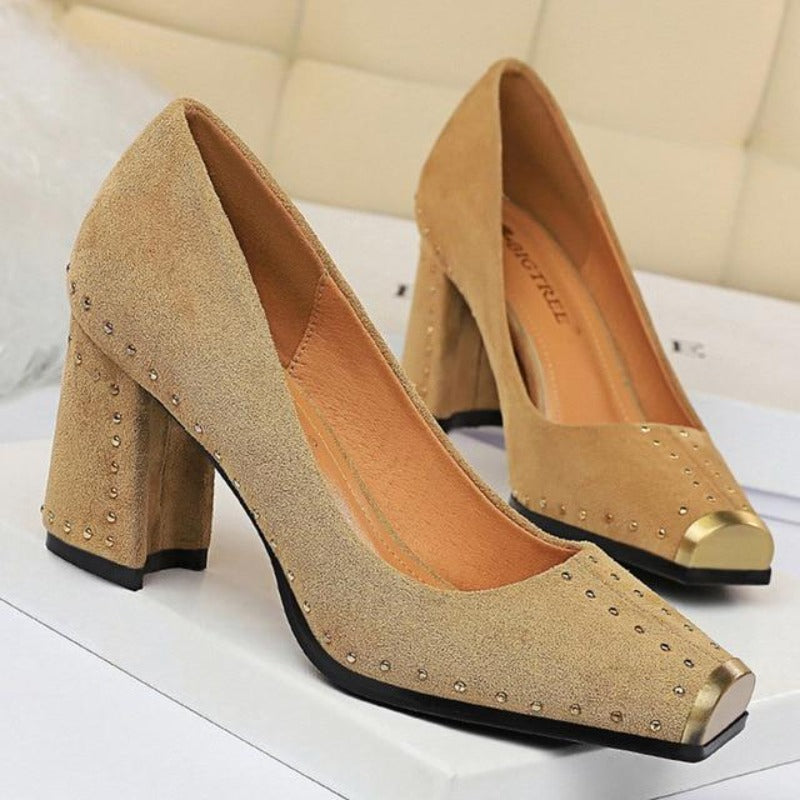 Pumps Rivet Metal Square Heels Flock - Easy Pickins Store