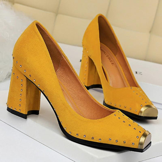 Pumps Rivet Metal Square Heels Flock - Easy Pickins Store