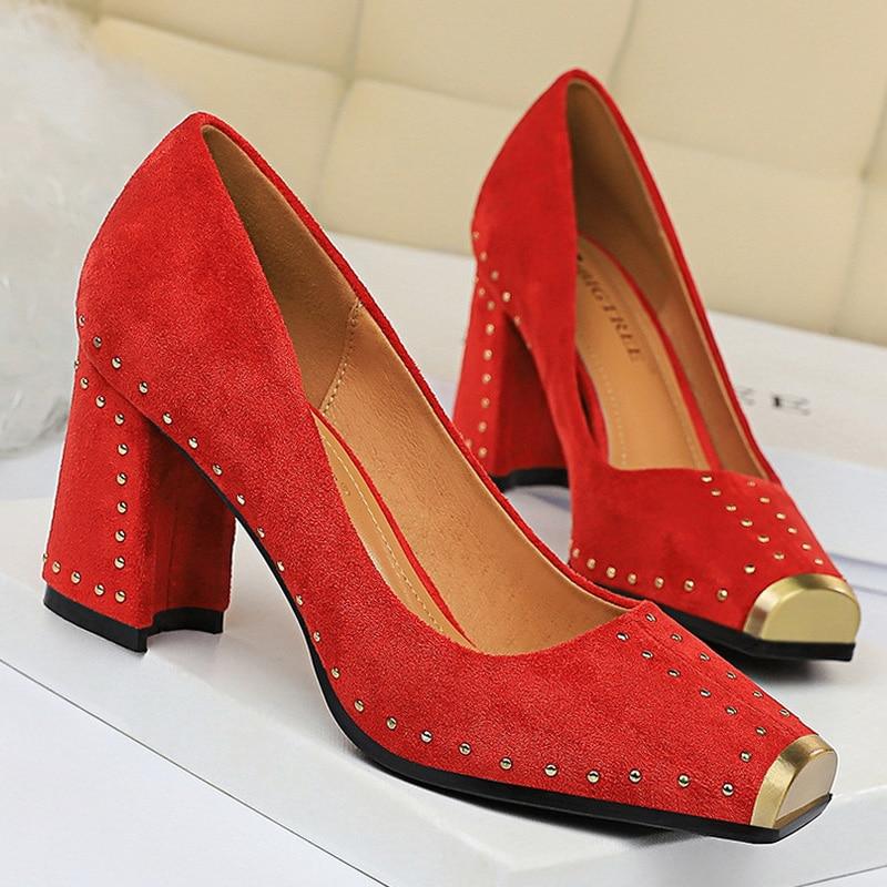Pumps Rivet Metal Square Heels Flock - Easy Pickins Store