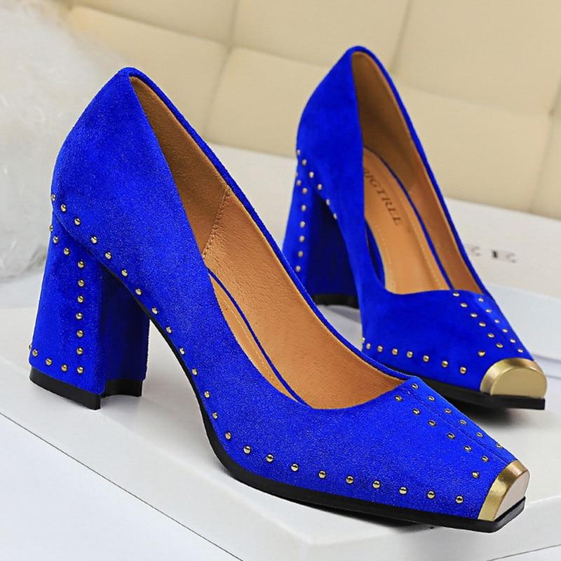 Pumps Rivet Metal Square Heels Flock - Easy Pickins Store