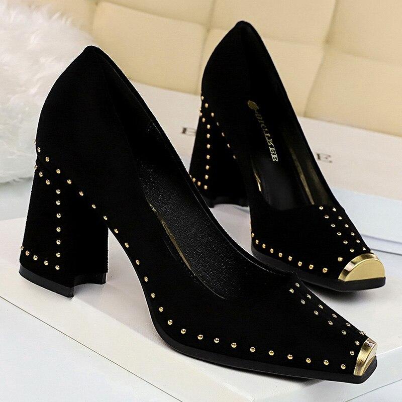 Pumps Rivet Metal Square Heels Flock - Easy Pickins Store