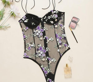 Purple Floral Embroidery Lace Bodysuits Bow Mesh Romper - Easy Pickins Store