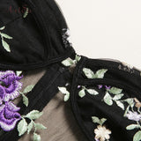 Purple Floral Embroidery Lace Bodysuits Bow Mesh Romper - Easy Pickins Store