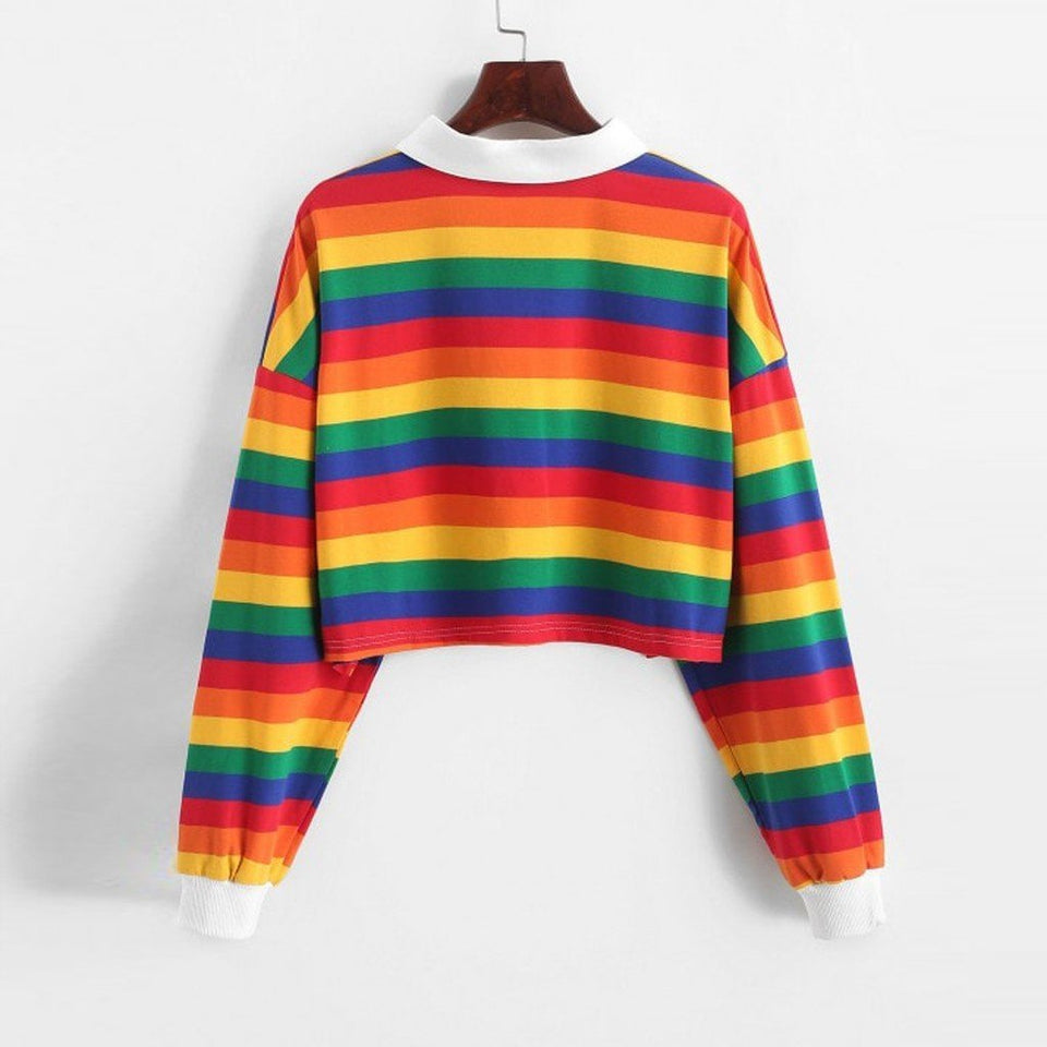 Rainbow Patchwork Button Turn-down Crop Top Pullover - Easy Pickins Store