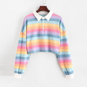 Rainbow Patchwork Button Turn-down Crop Top Pullover - Easy Pickins Store