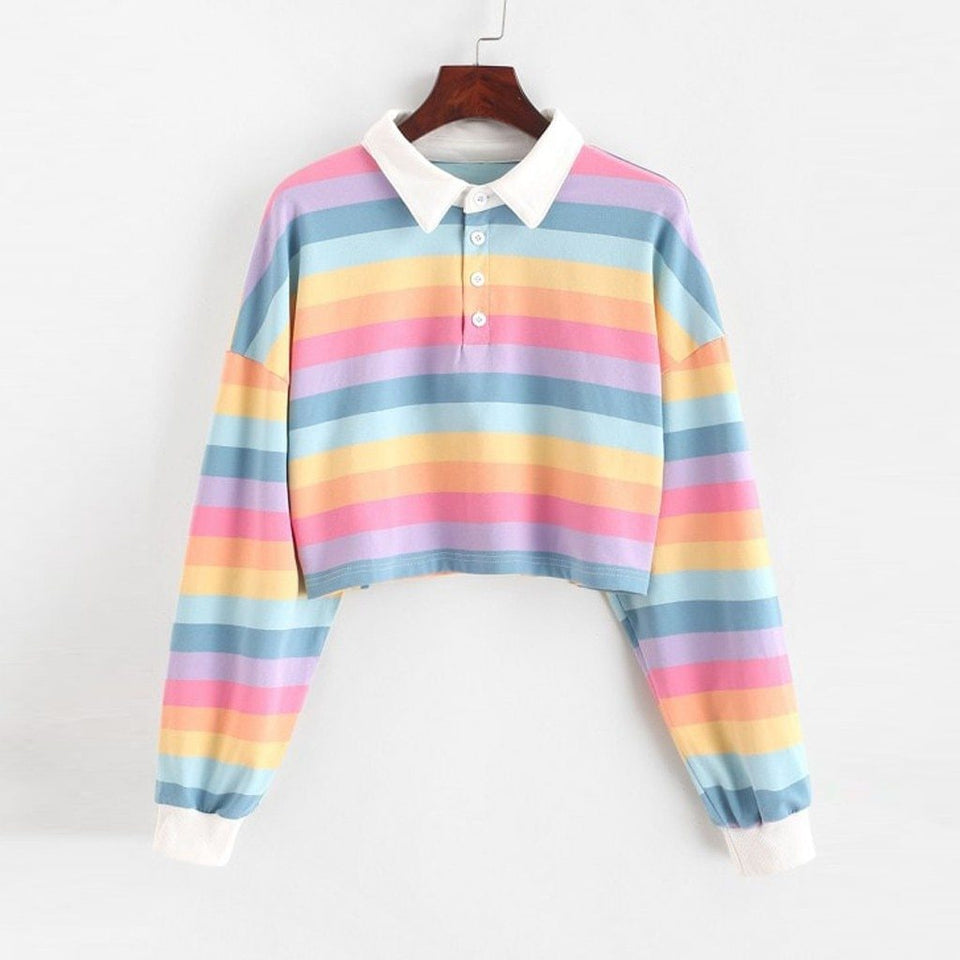 Rainbow Patchwork Button Turn-down Crop Top Pullover - Easy Pickins Store