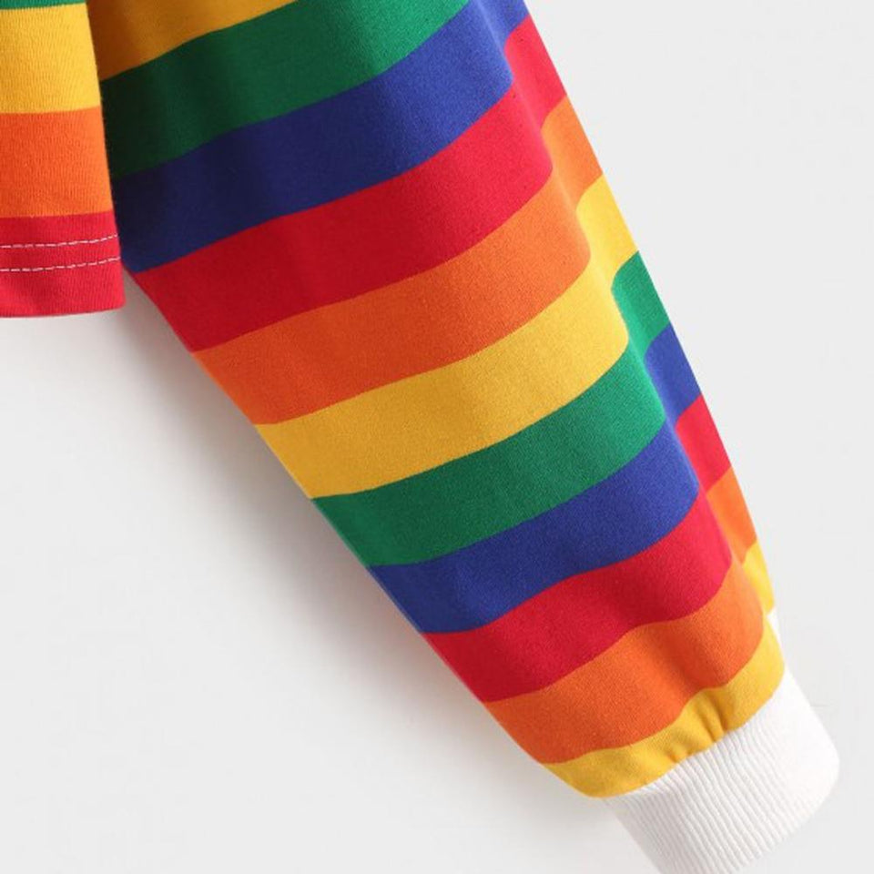 Rainbow Patchwork Button Turn-down Crop Top Pullover - Easy Pickins Store