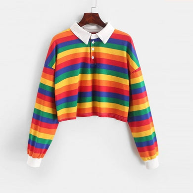 Rainbow Patchwork Button Turn-down Crop Top Pullover - Easy Pickins Store