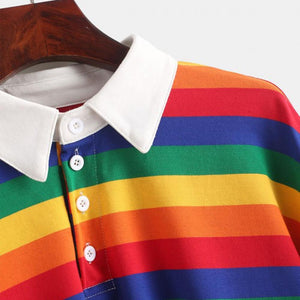 Rainbow Patchwork Button Turn-down Crop Top Pullover - Easy Pickins Store