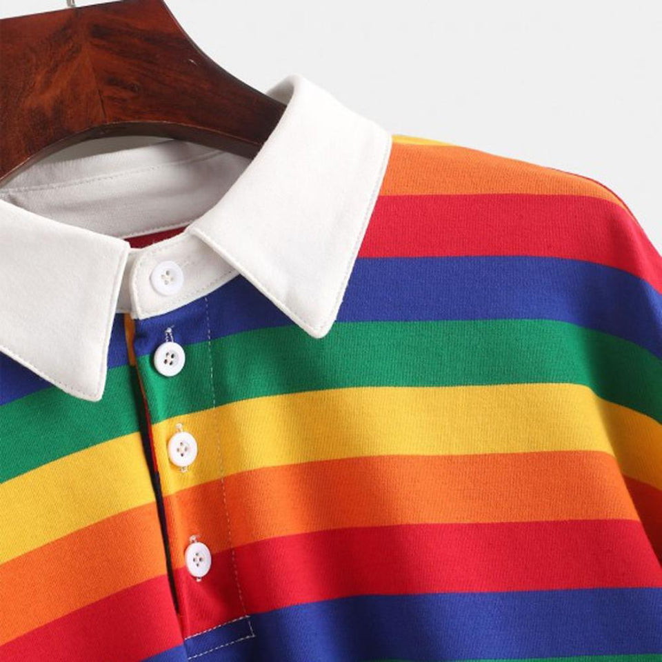 Rainbow Patchwork Button Turn-down Crop Top Pullover - Easy Pickins Store