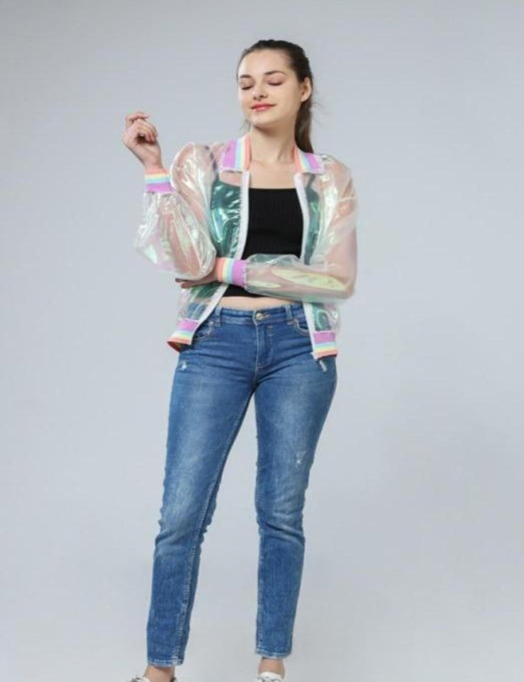 Rainbow Symphony Hologram Transparent Bomber Jacket - Easy Pickins Store