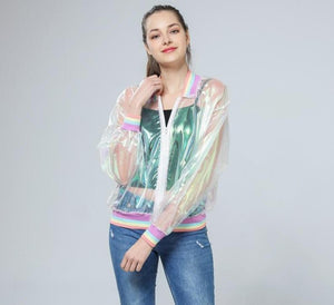 Rainbow Symphony Hologram Transparent Bomber Jacket - Easy Pickins Store