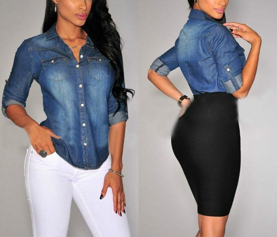 Retro Blue Jean Soft Denim Adjustable Long Sleeve Casual Blouse - Easy Pickins Store