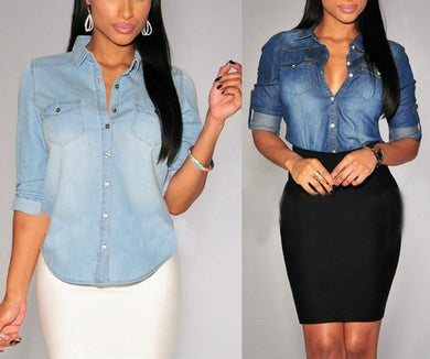 Retro Blue Jean Soft Denim Adjustable Long Sleeve Casual Blouse - Easy Pickins Store