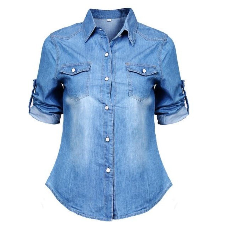Retro Blue Jean Soft Denim Long Sleeve Shirt Tops Blouse - Easy Pickins Store