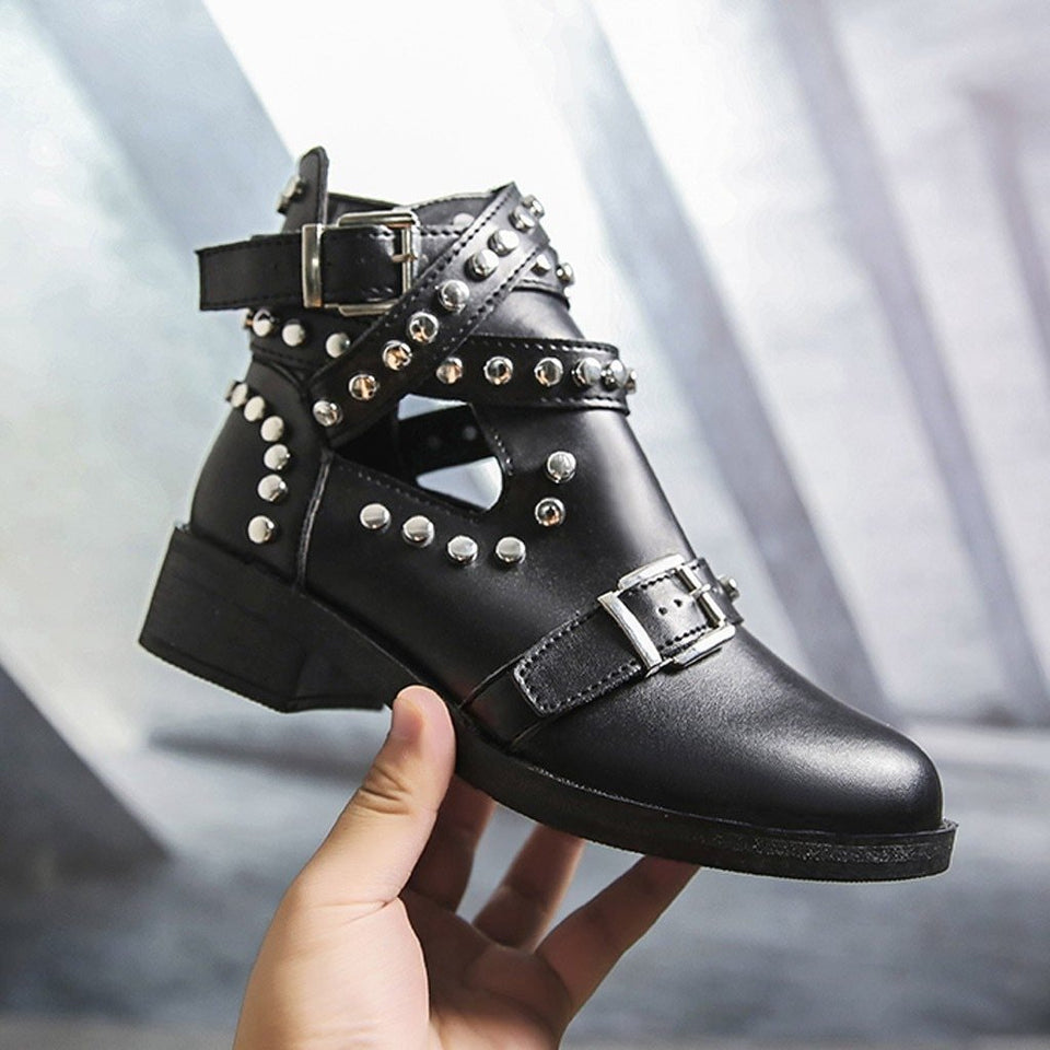 Retro Rivet Motorcycle Leather Ankle Boots Low Heel - Easy Pickins Store