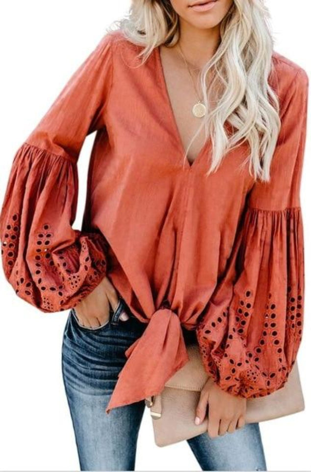 Rhapsody Cotton Balloon Long Sleeve Tie Top V Neck Blouse - Easy Pickins Store
