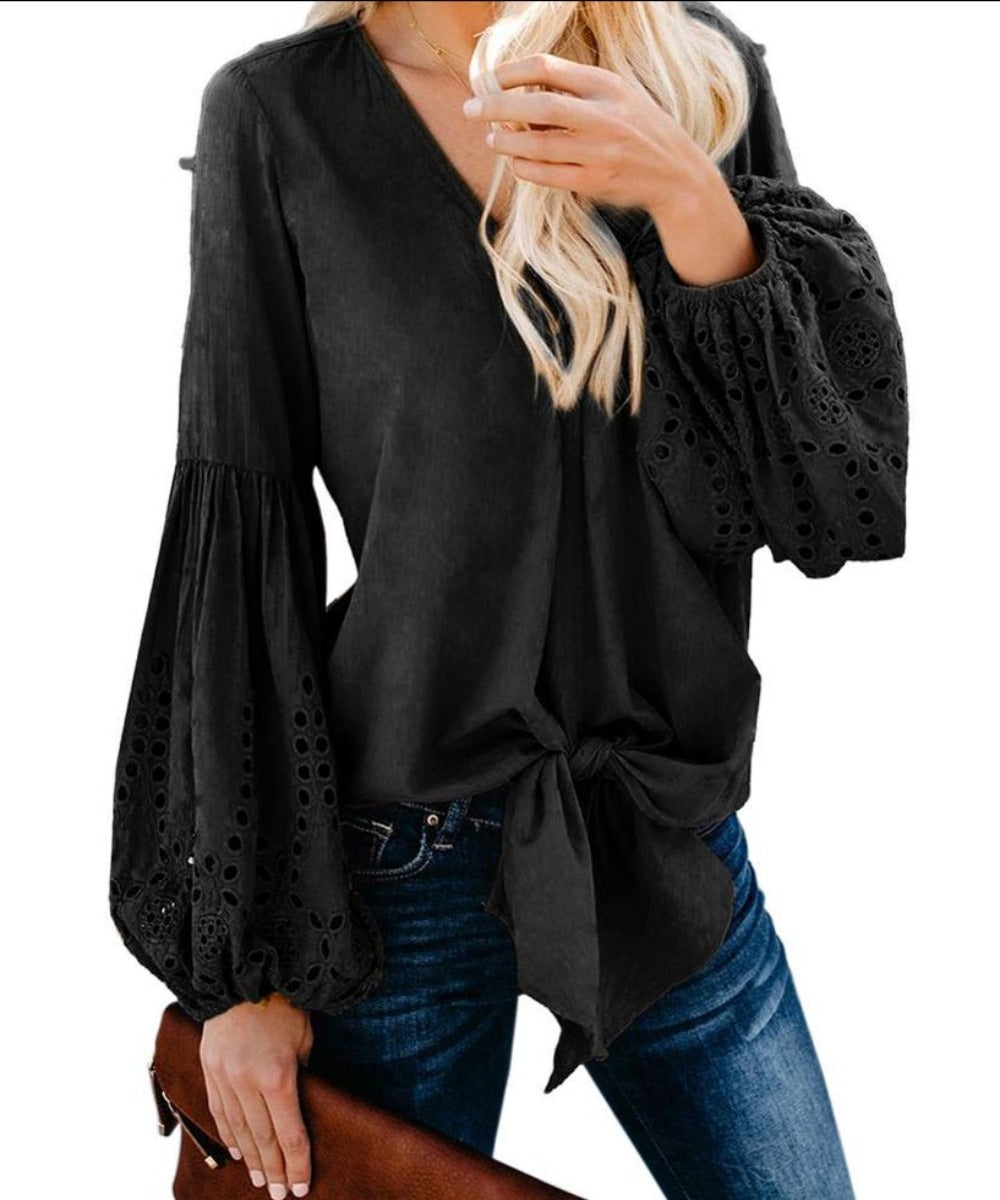Rhapsody Cotton Balloon Long Sleeve Tie Top V Neck Blouse - Easy Pickins Store