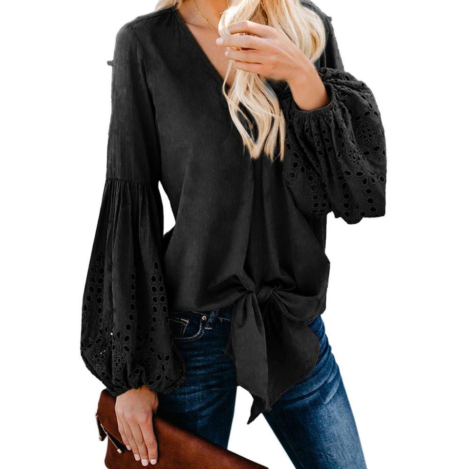 Rhapsody Cotton Balloon Long Sleeve Tie Top V Neck Blouse - Easy Pickins Store