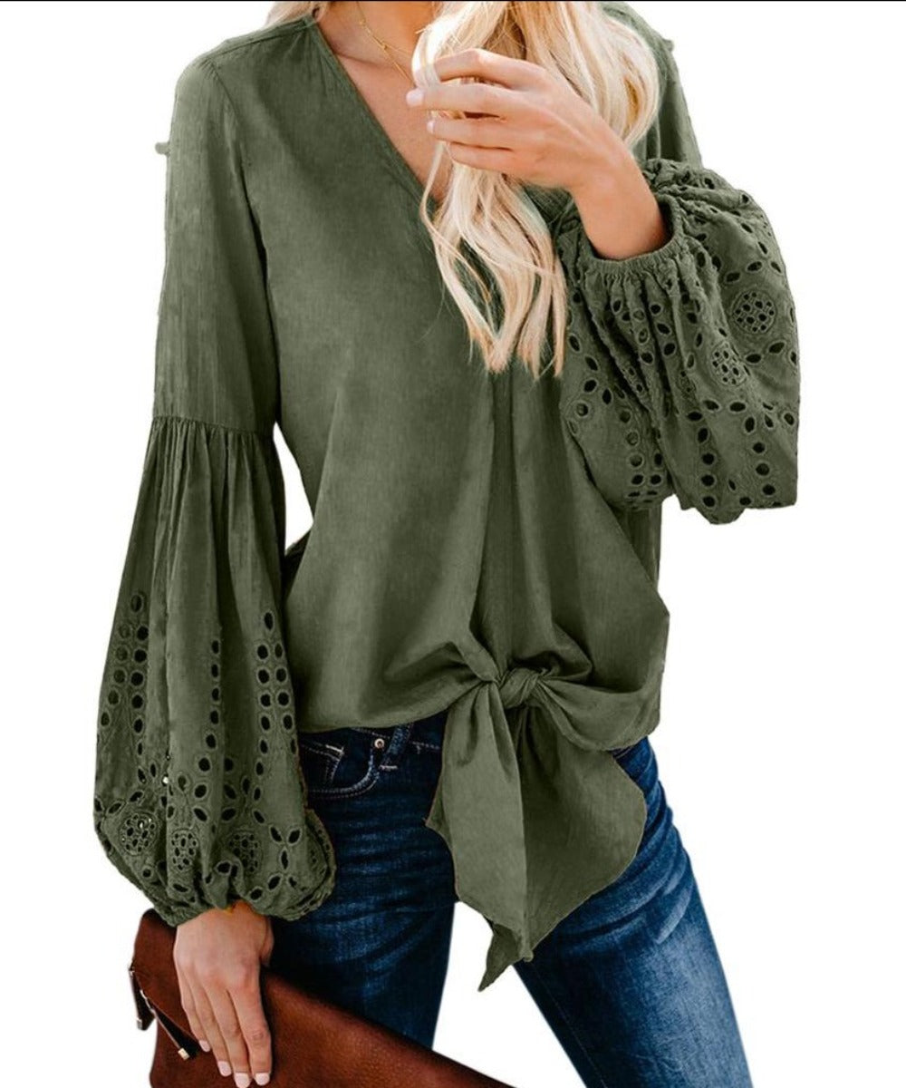 Rhapsody Cotton Balloon Long Sleeve Tie Top V Neck Blouse - Easy Pickins Store