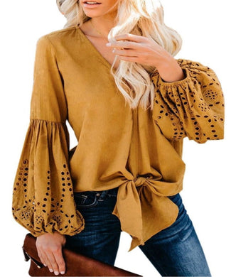 Rhapsody Cotton Balloon Long Sleeve Tie Top V Neck Blouse - Easy Pickins Store