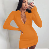 Ribbed Stand Collar Zipper Deep V neck Stretch Pencil Mini Vestido Dress - Easy Pickins Store