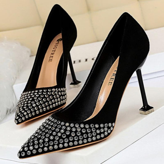 Rivet Rhinestone Women Pumps Suede High Heels Pointed - Easy Pickins Store