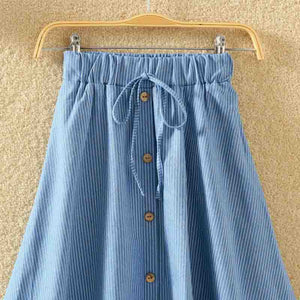 ROPALIA Vintage Retro High Waist Pleated Midi Skirt Fashion Women Skirt Denim Single Breasted Skirt - Easy Pickins Store