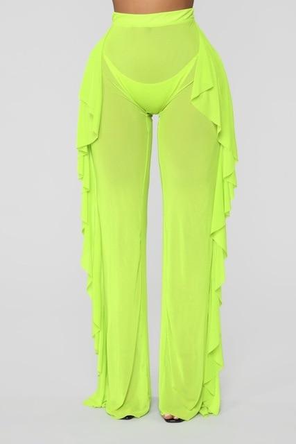 Ruffle Women Mesh Sheer Wide Leg Transparent Cover Up Bikini Pants - Easy Pickins Store