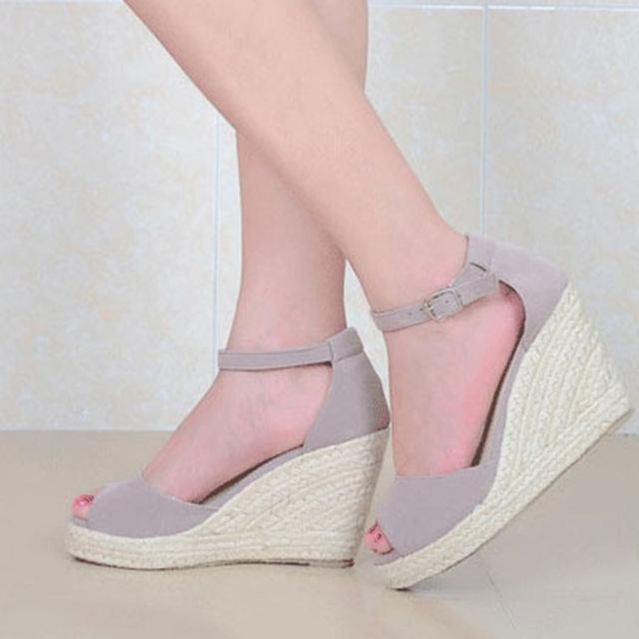 Sandals Ankle Strap Straw Platform Wedges Flock High Heels Cover Heel - Easy Pickins Store