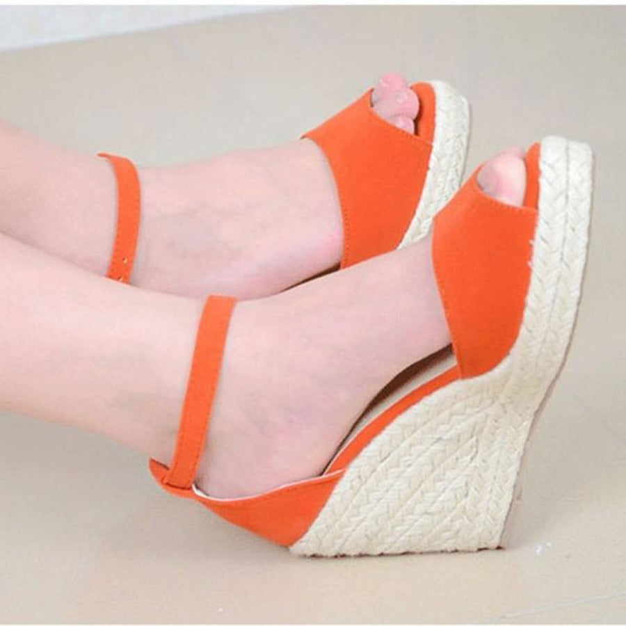 Sandals Ankle Strap Straw Platform Wedges Flock High Heels Cover Heel - Easy Pickins Store