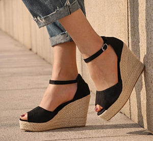 Sandals Ankle Strap Straw Platform Wedges Flock High Heels Cover Heel - Easy Pickins Store