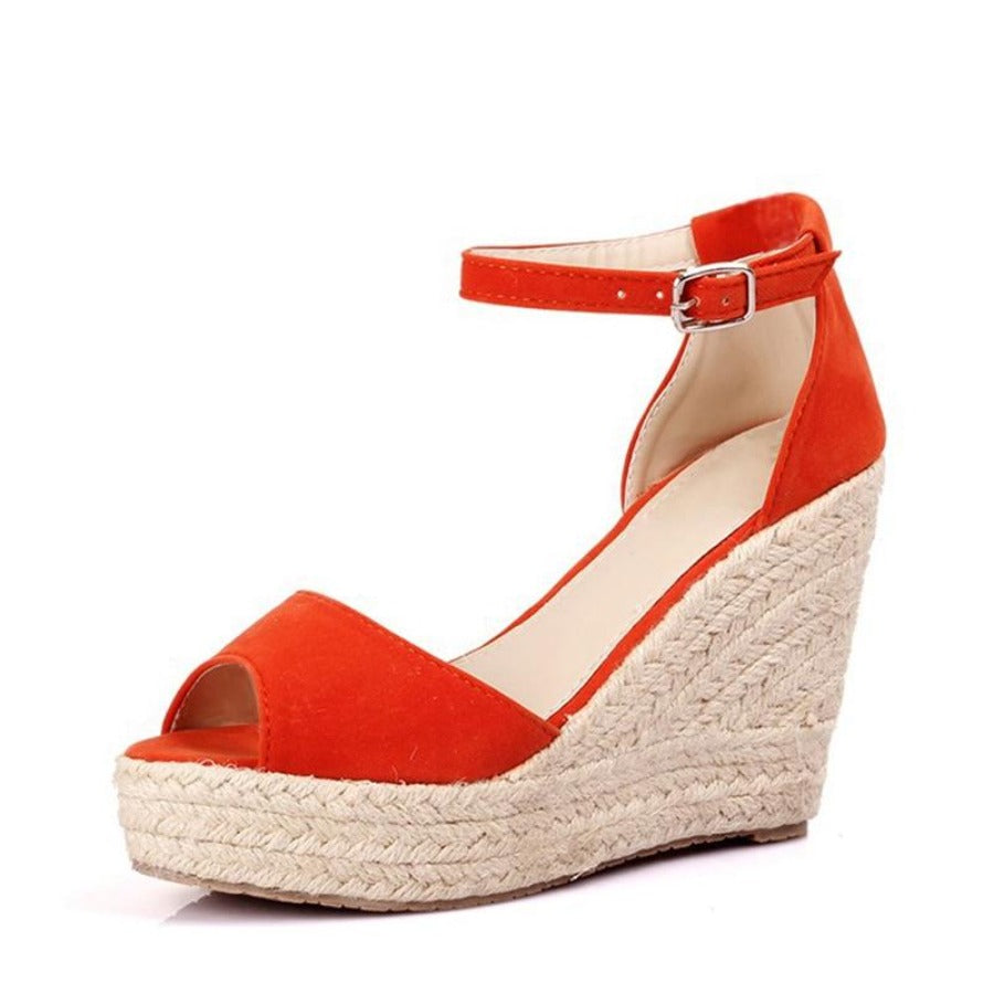 Sandals Ankle Strap Straw Platform Wedges Flock High Heels Cover Heel - Easy Pickins Store