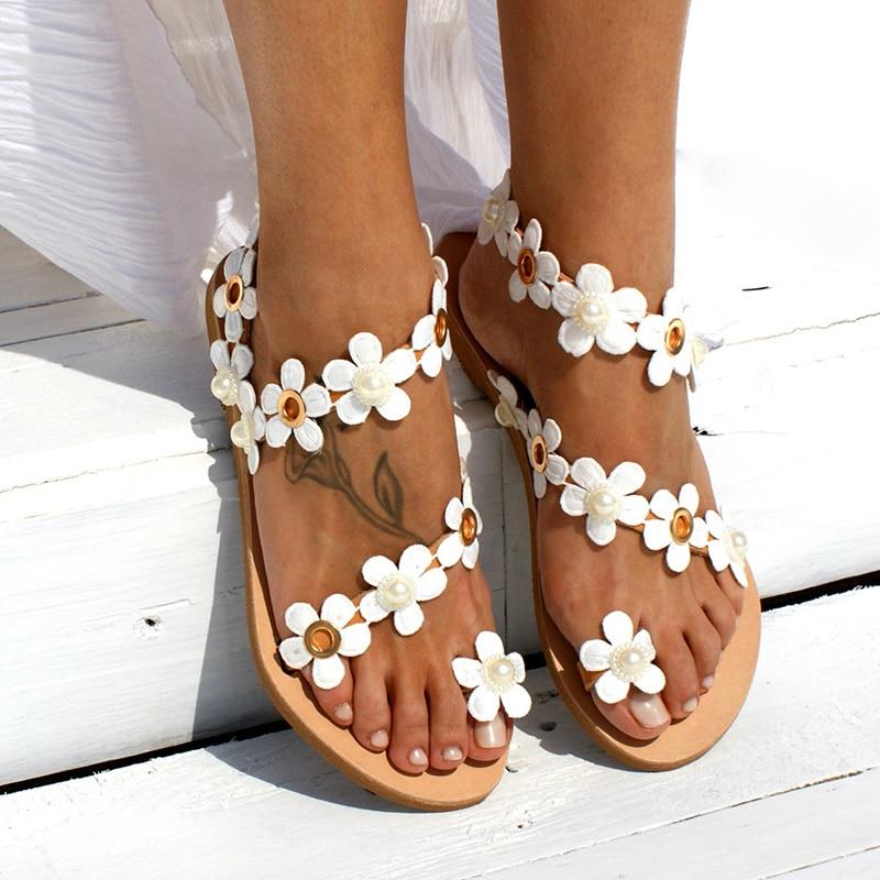 Sandals Bohemia Style Flat Sole Flowers Flip Flops Plus Sizes - Easy Pickins Store