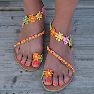 Sandals Bohemia Style Flat Sole Flowers Flip Flops Plus Sizes - Easy Pickins Store